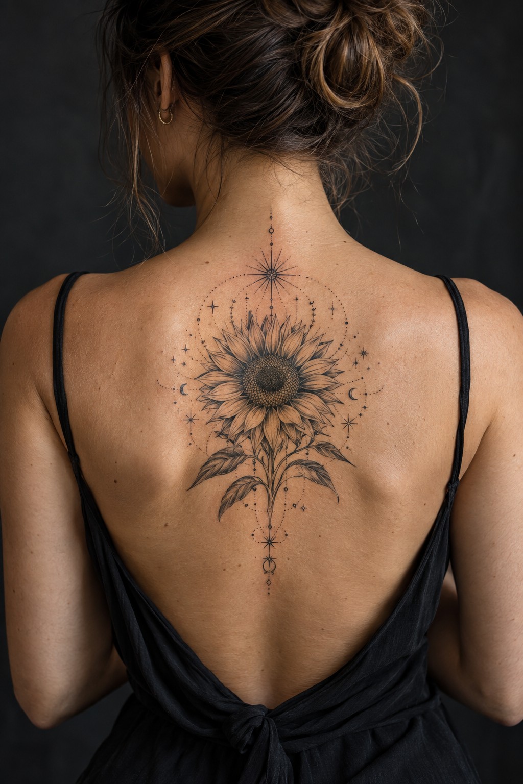 Celestial sunburst sunflower upper back tattoo