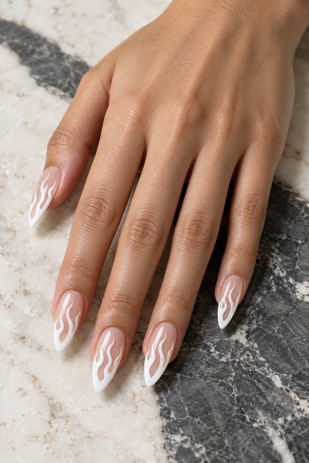 High Contrast White Contour Flames Nails