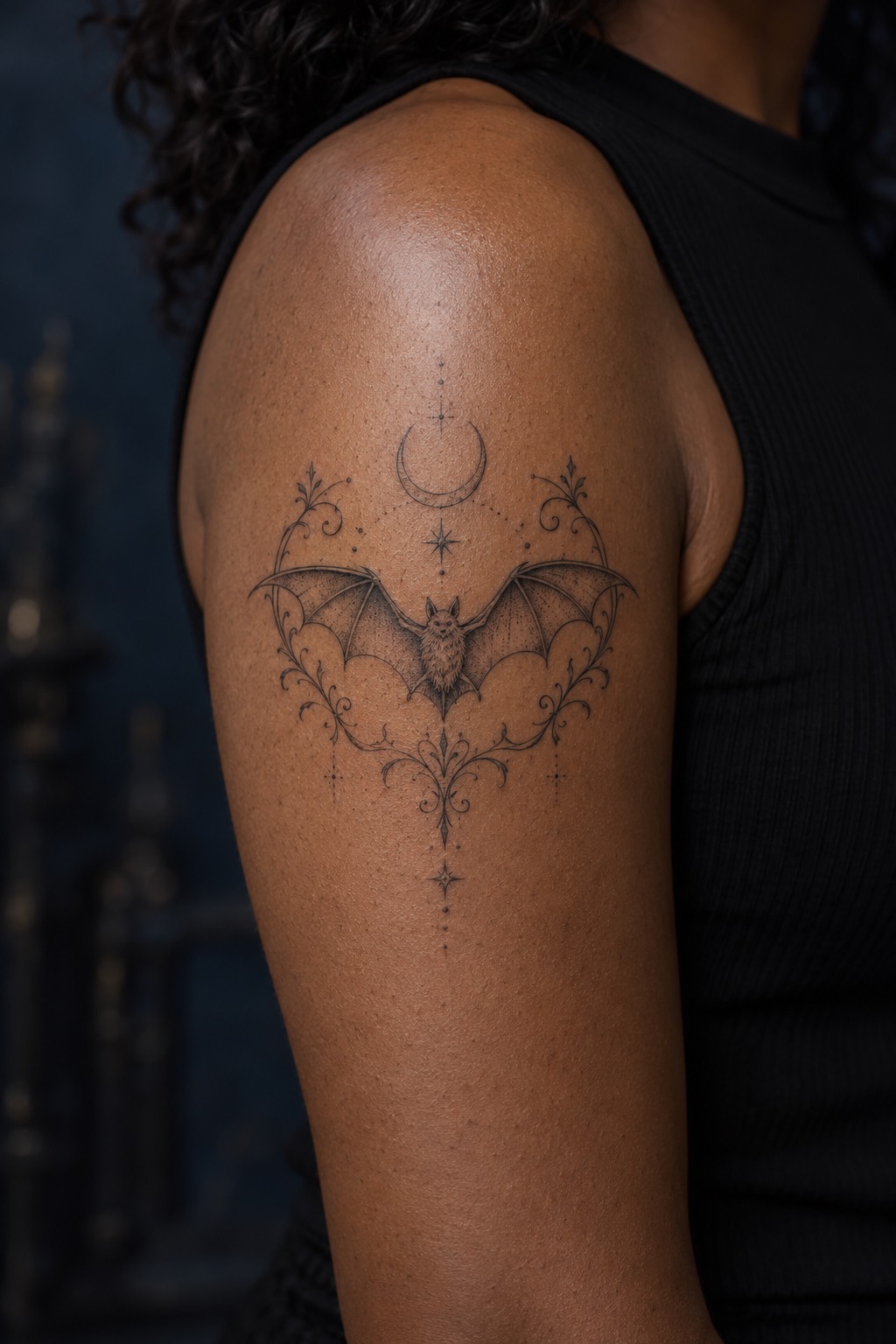 Stylized Fruit Bat with Victorian Filigree Moon Halo Fine Line Tattoo