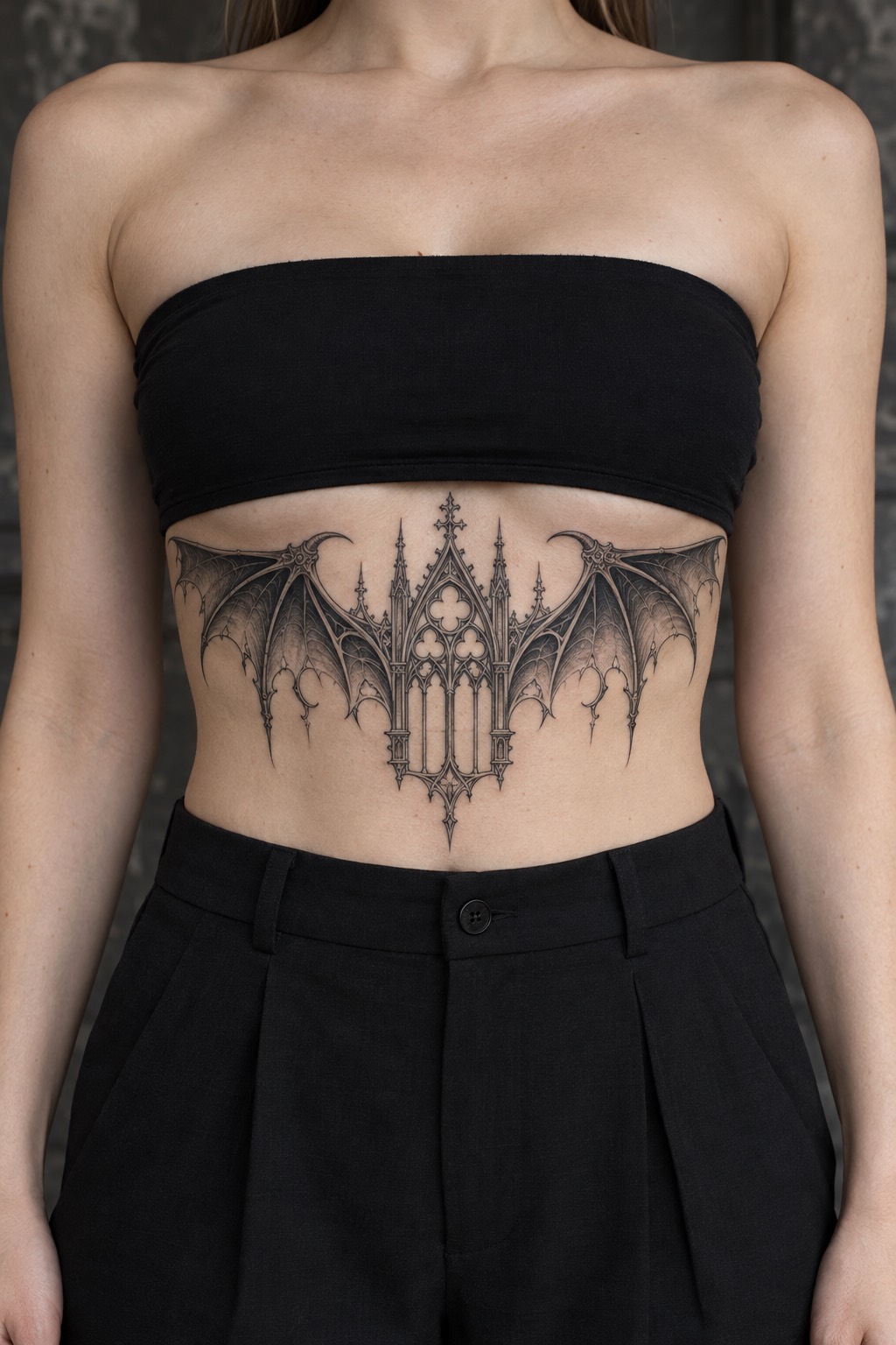 Gothic Cathedral Tracery with Stylized Wing Arches Underbust Tattoo for Women