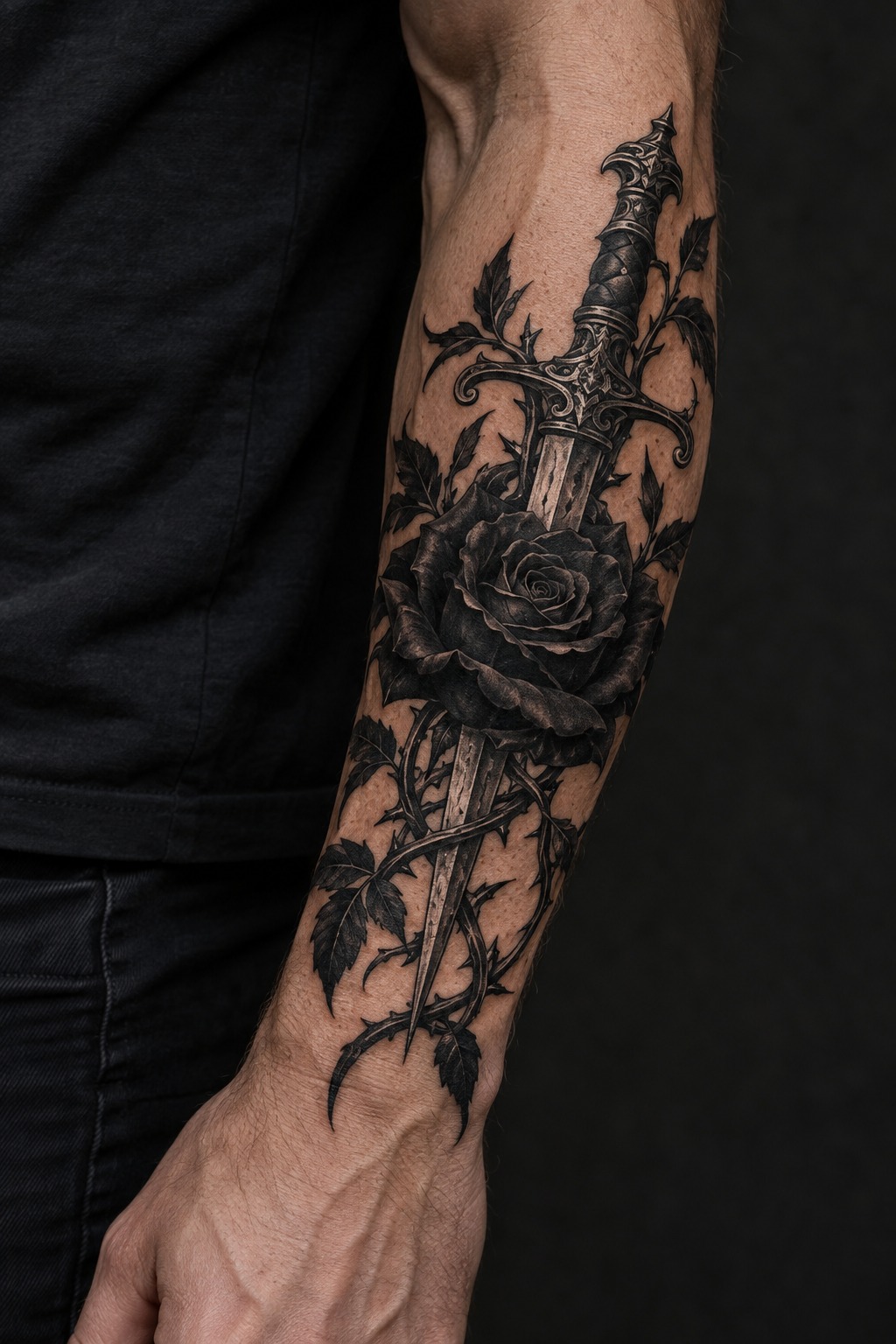 Blackwork gothic rose and dagger forearm tattoo