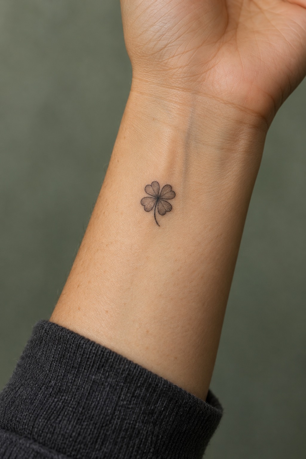 Micro Four Leaf Clover with Fine Line Stem Beginner Tattoo Idea