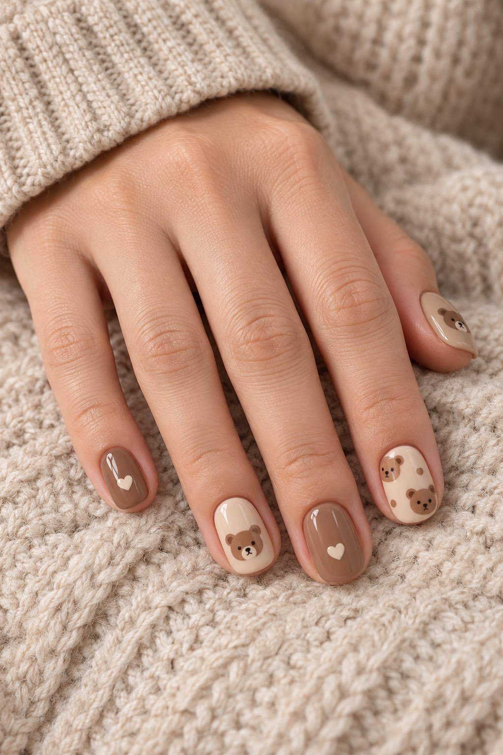 Minimalist Teddy Bear Latte Art Nails