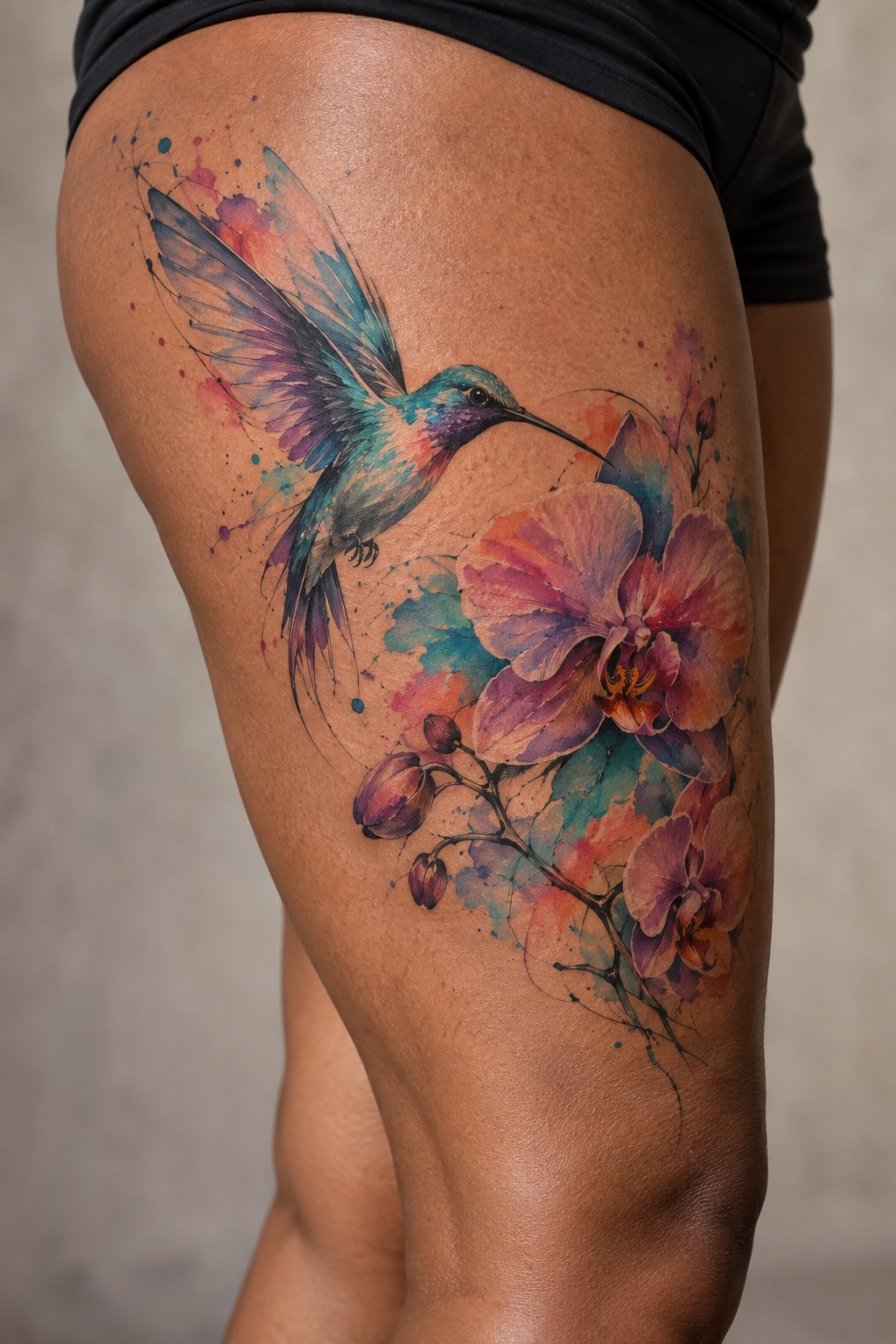 Illustrative Hummingbird and Wild Orchid Thigh Tattoo for Women