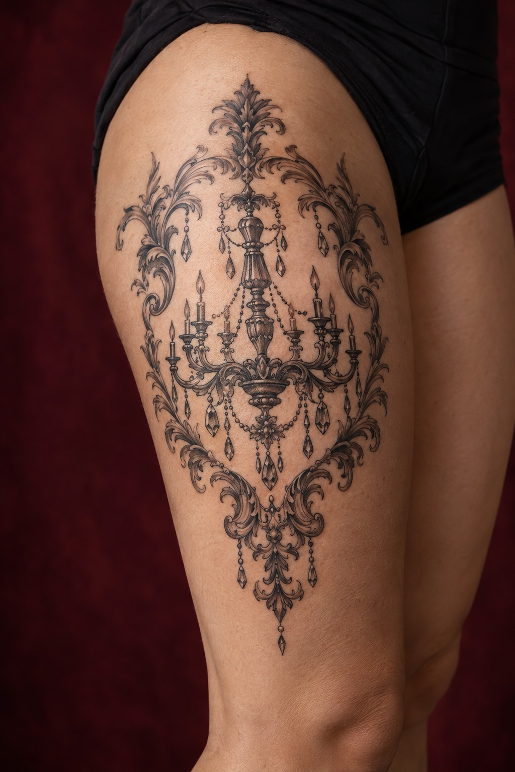 Baroque Lace Filigree and Chandelier Drops Thigh Tattoo for Women