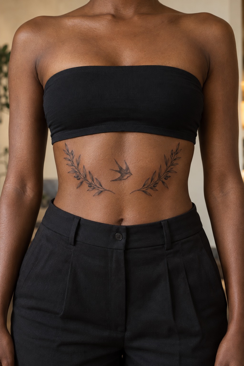 Dual Olive Branch Laurel Arch with Diving Swallow Underbust Tattoo for Women