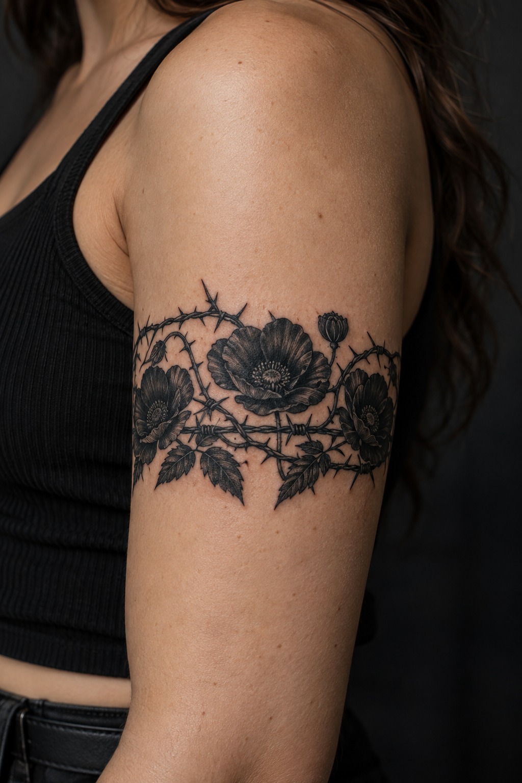 Thorny bramble and black poppy arm band tattoo