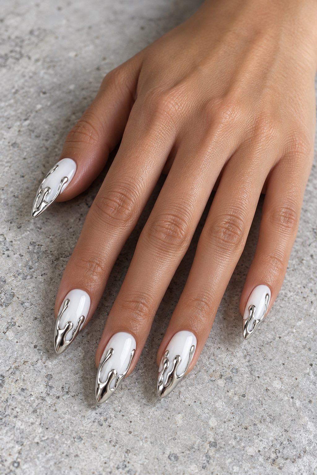 White Base with Molten Liquid Silver Drips Nails