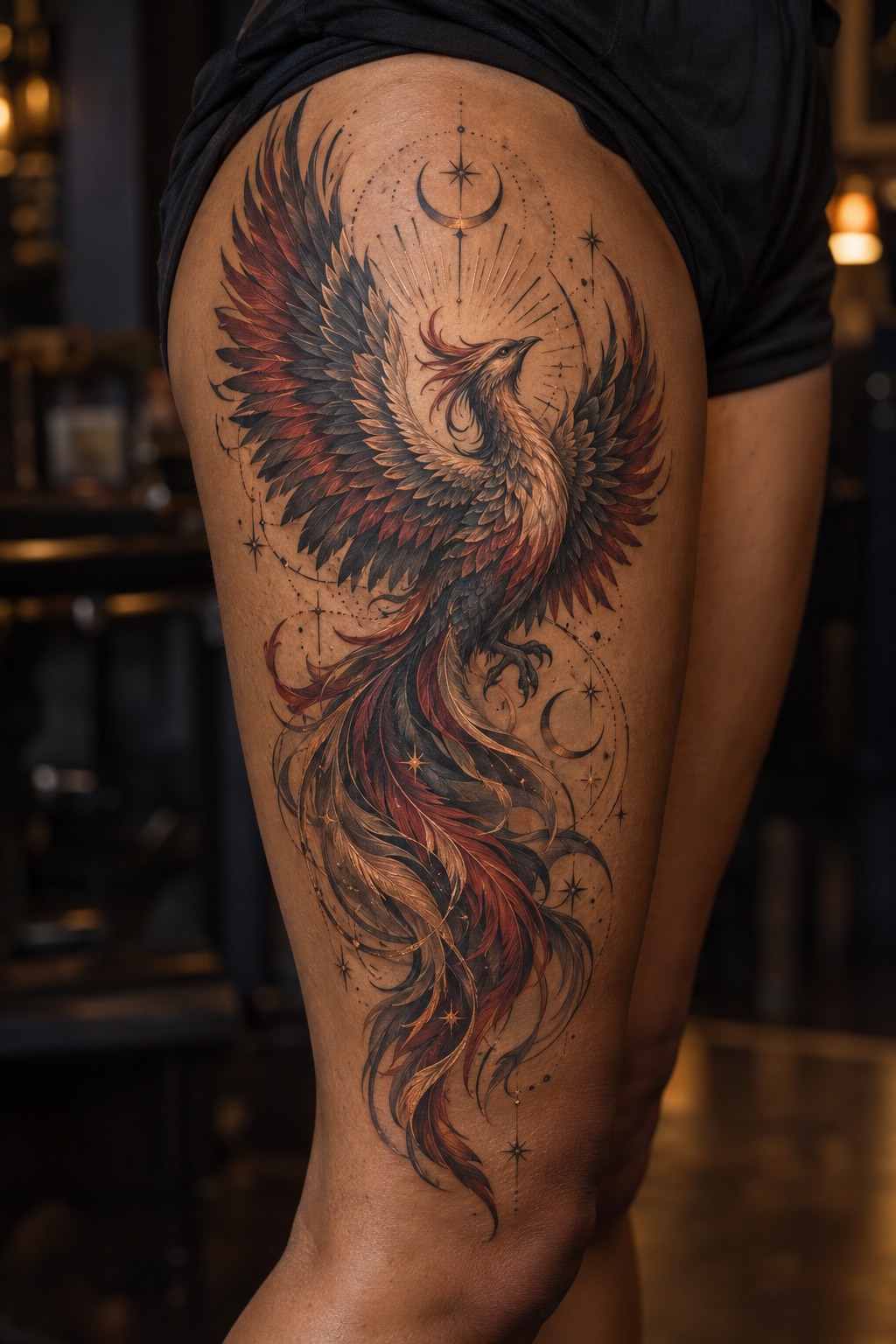 Majestic Rising Phoenix Thigh Tattoo for Women