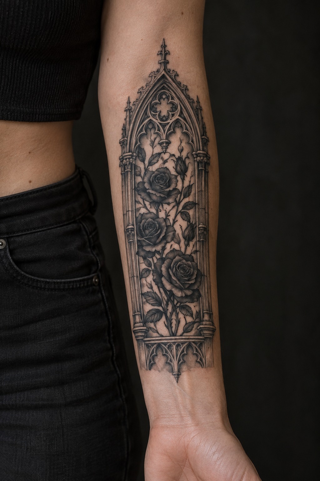 Gothic arch cathedral window floral frame tattoo