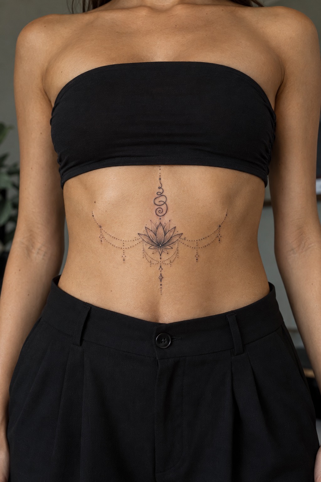 Unalome Spine Alignment with Pointillist Lotus Flourish Underbust Tattoo for Women