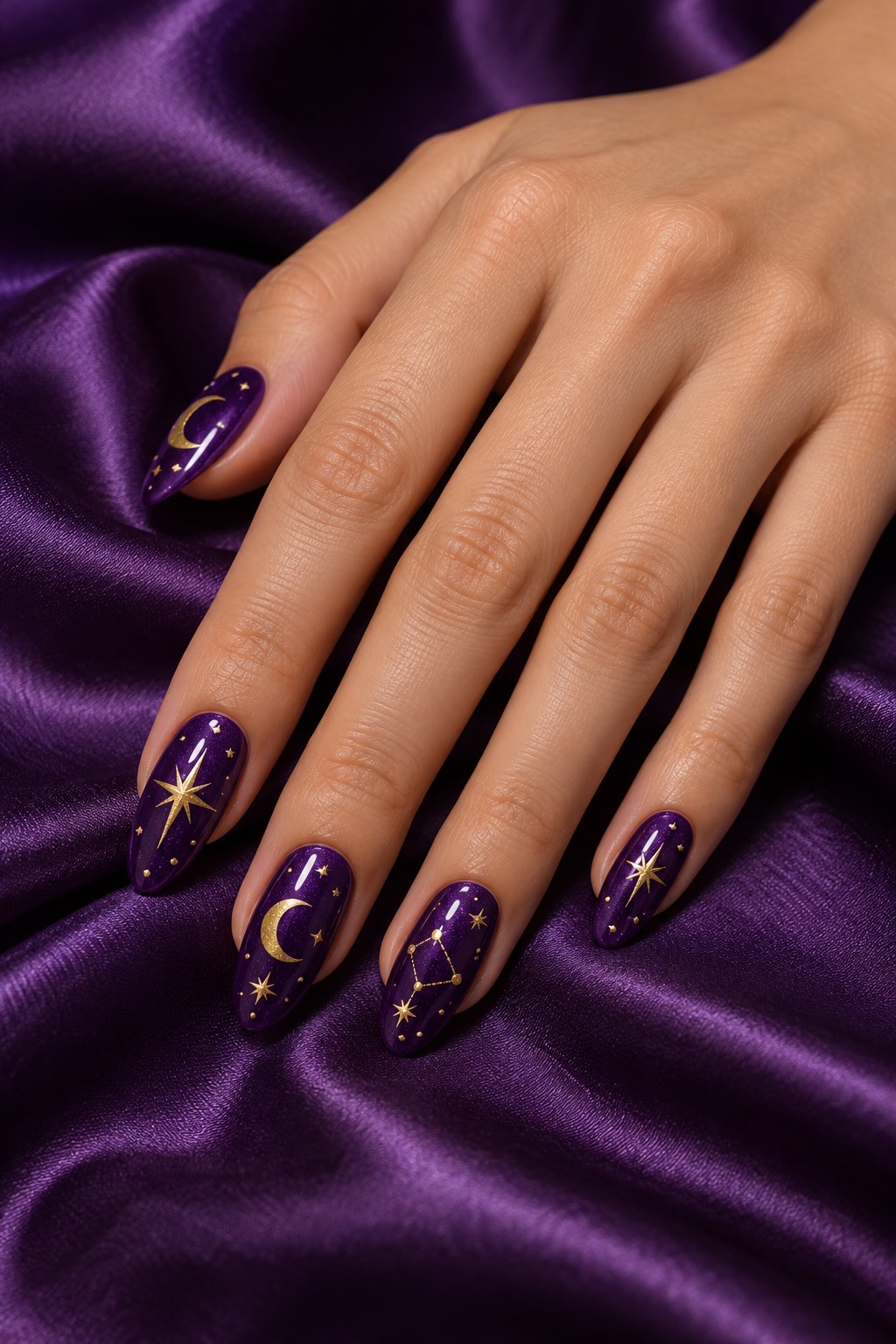 Celestial Gold Stars on Royal Purple Nails