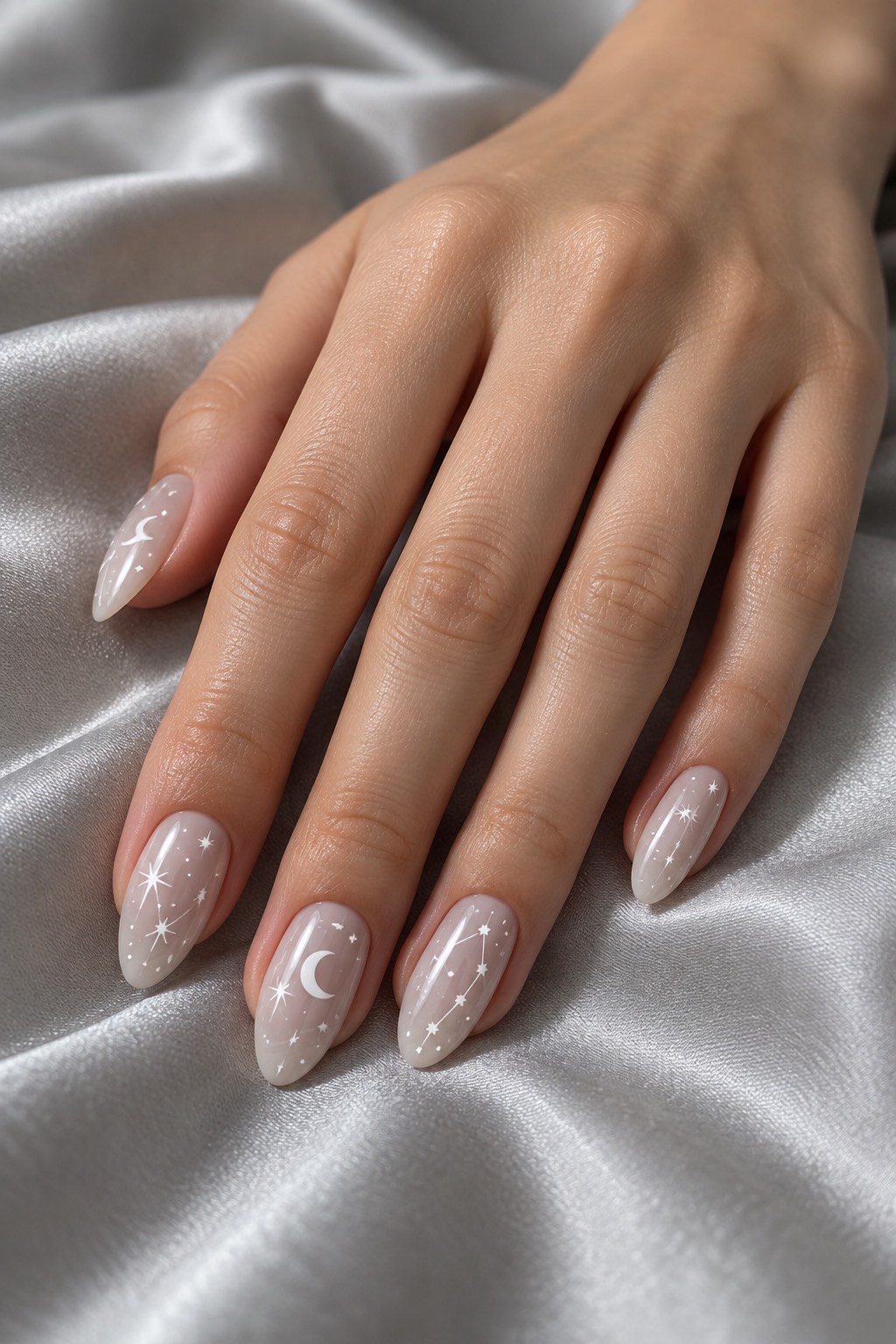 Celestial White Constellations on Cloud Jelly Nails