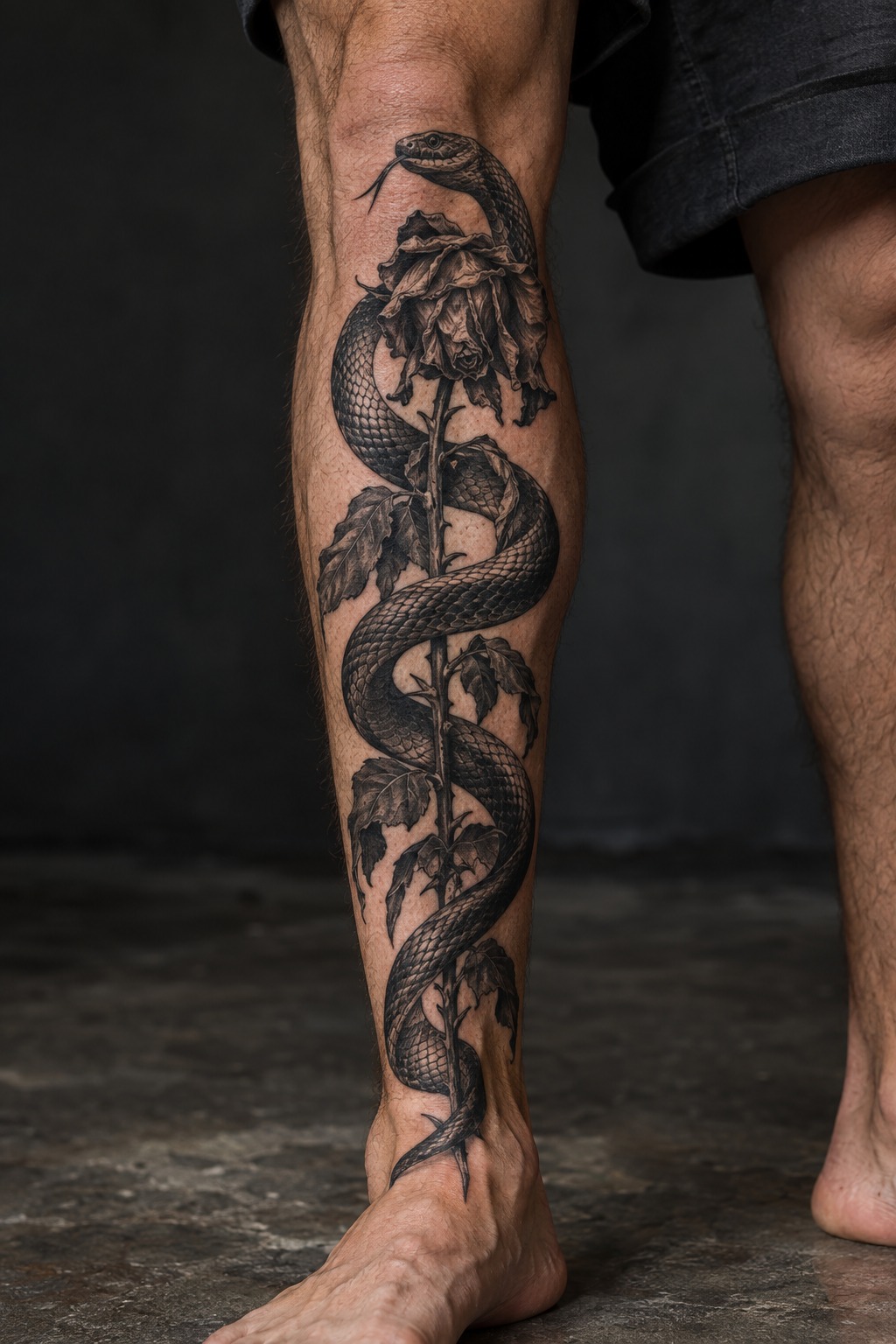 Serpent coiled around withered rose shin tattoo