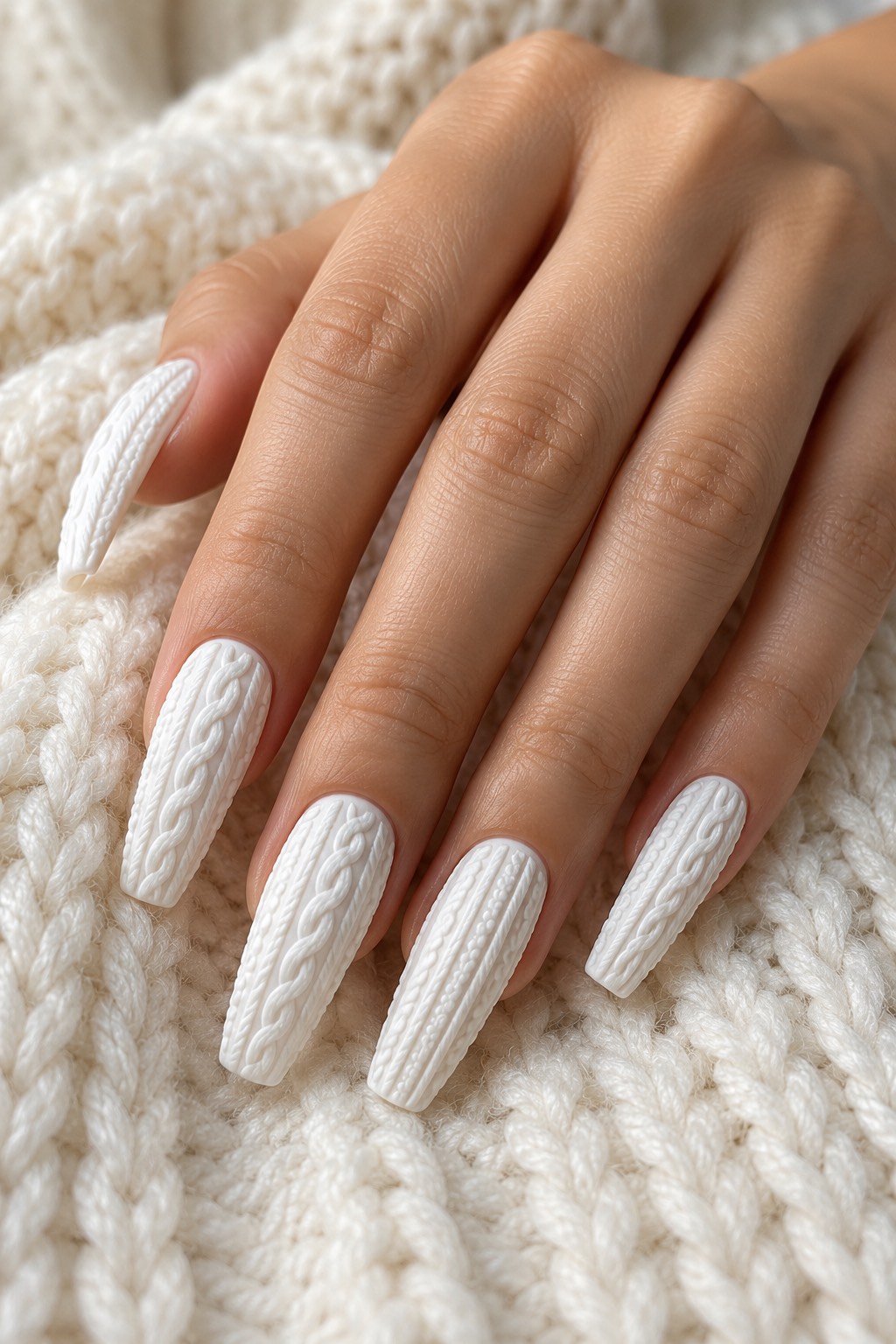 3D Embossed White Cable Knit Sweater Nails
