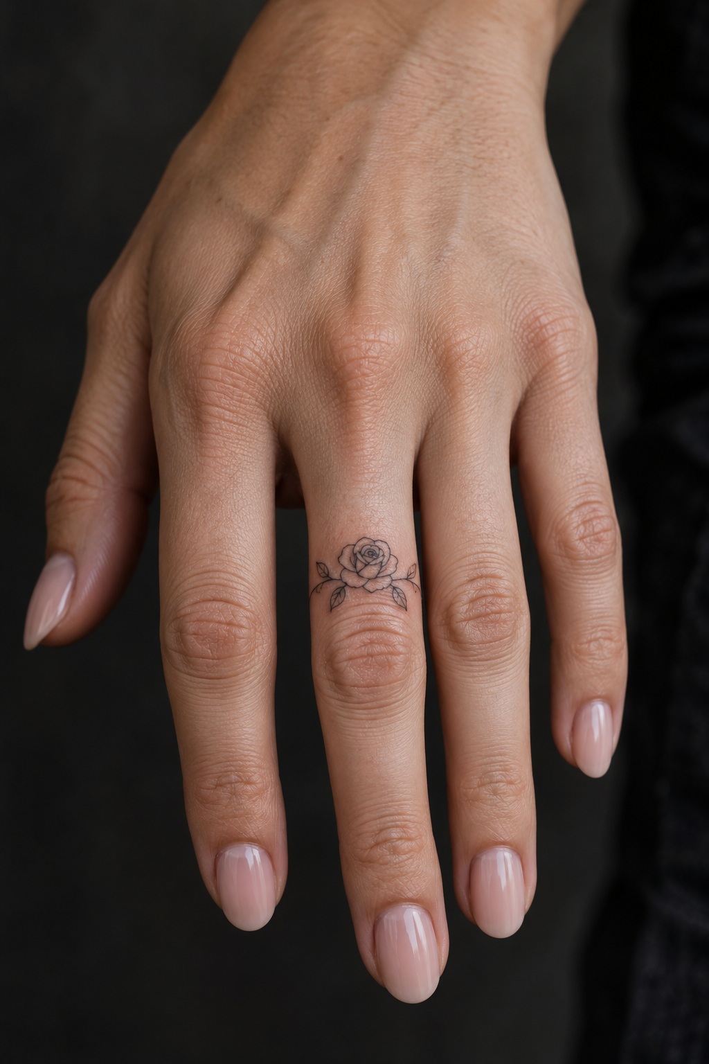 Micro rose outline finger joint tattoo