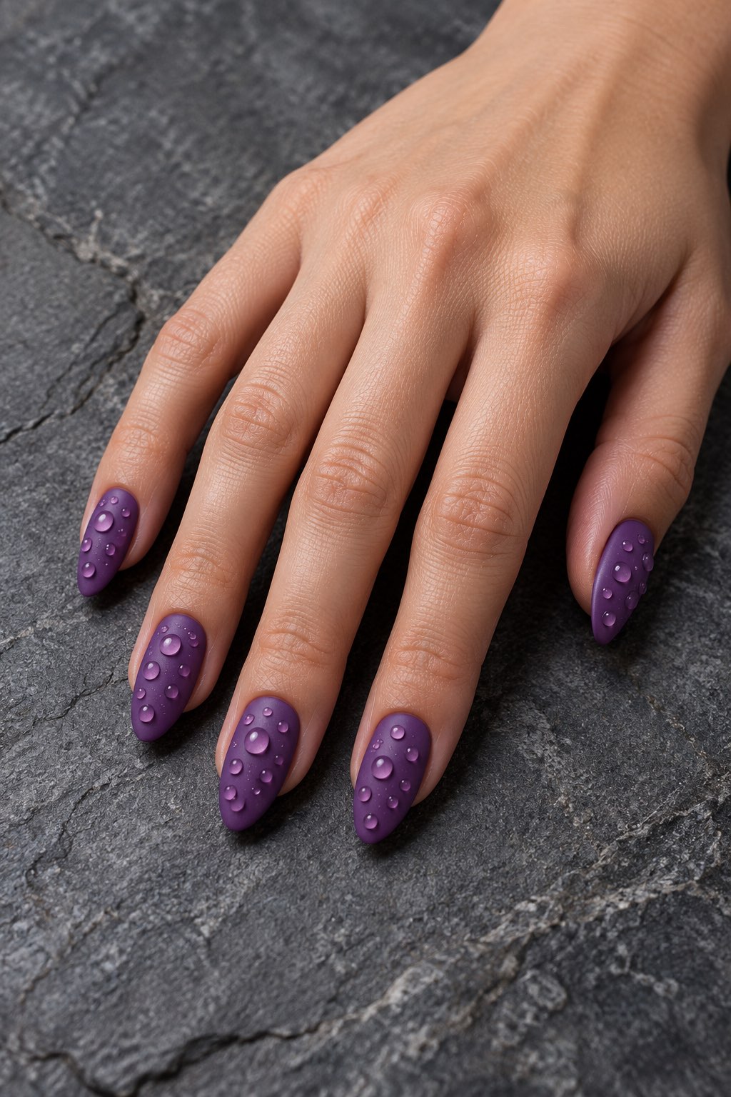 3D Dewdrop Texture on Matte Purple Nails