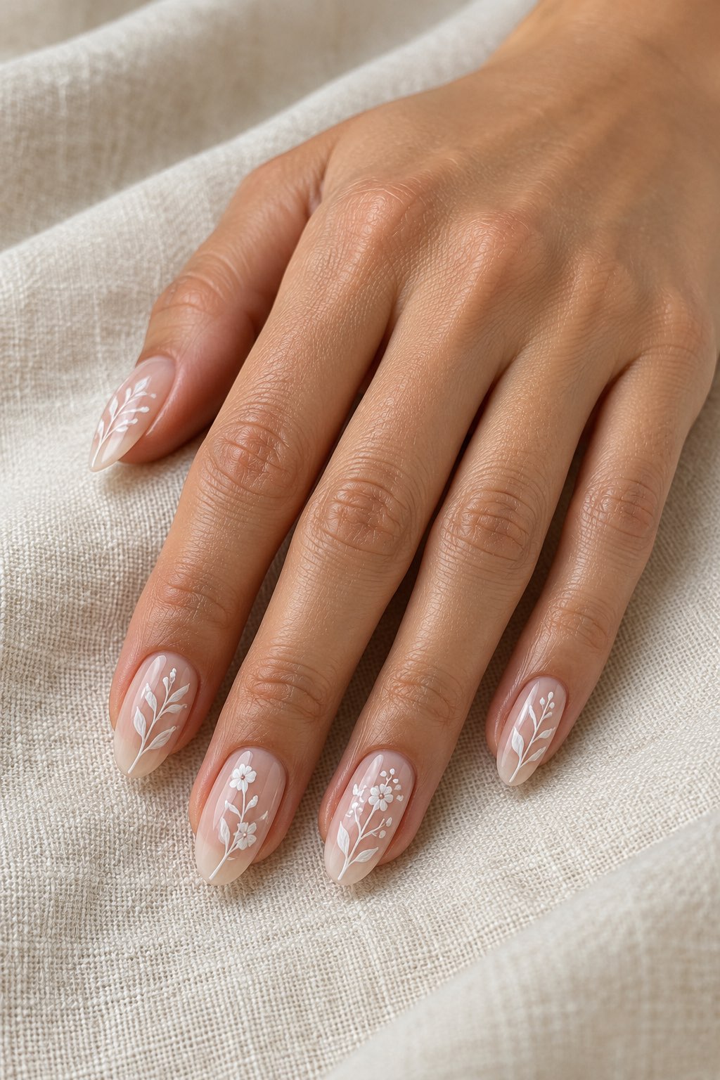 Delicate White Hand-Painted Botanicals Nails