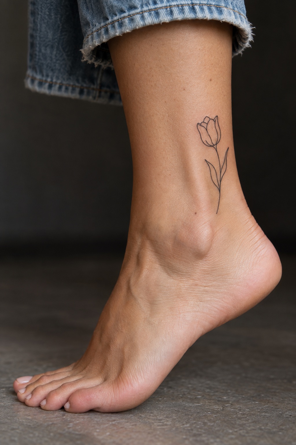 Single line tulip outline ankle tattoo