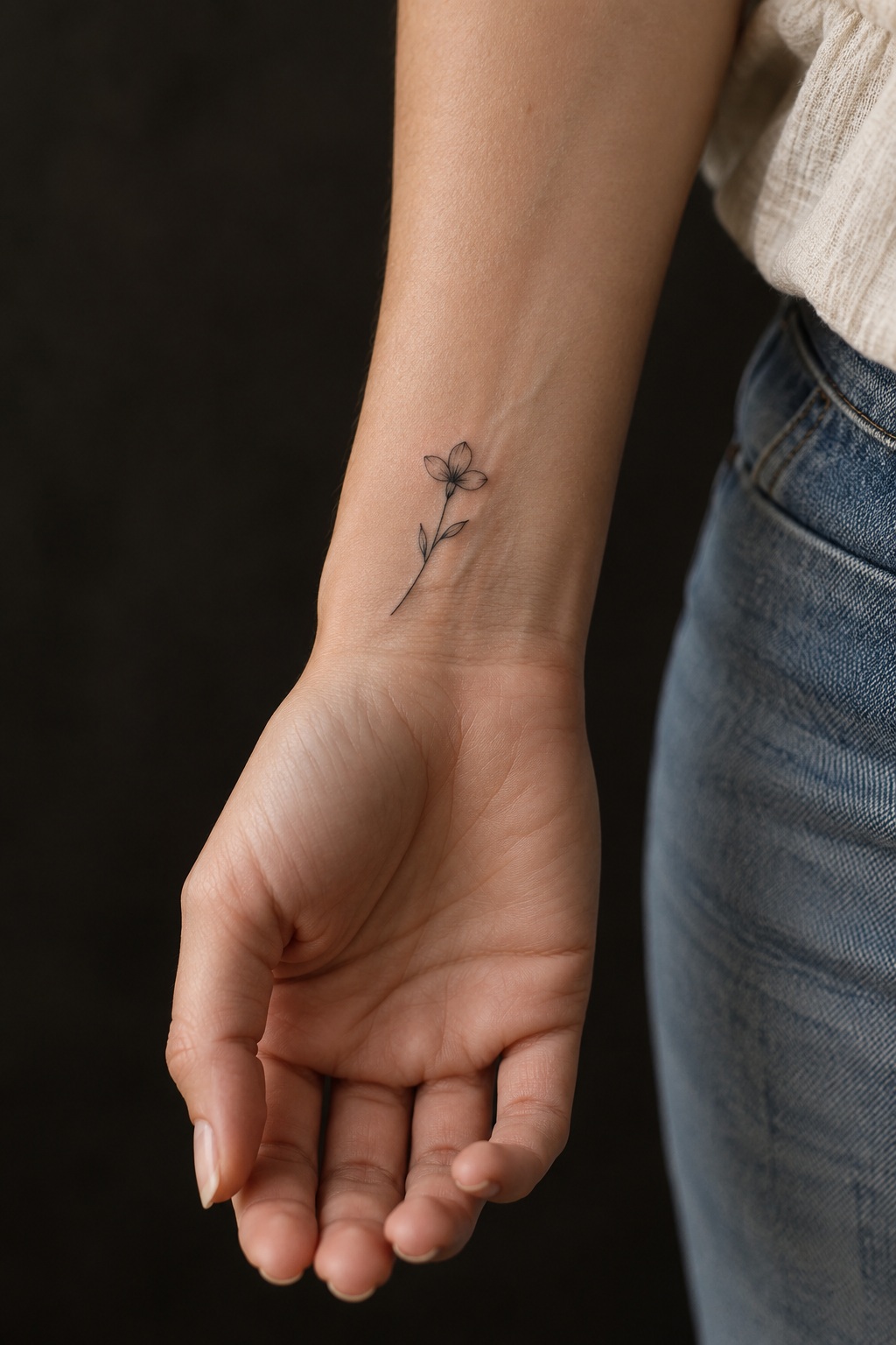 Micro wildflower stem inner wrist tattoo