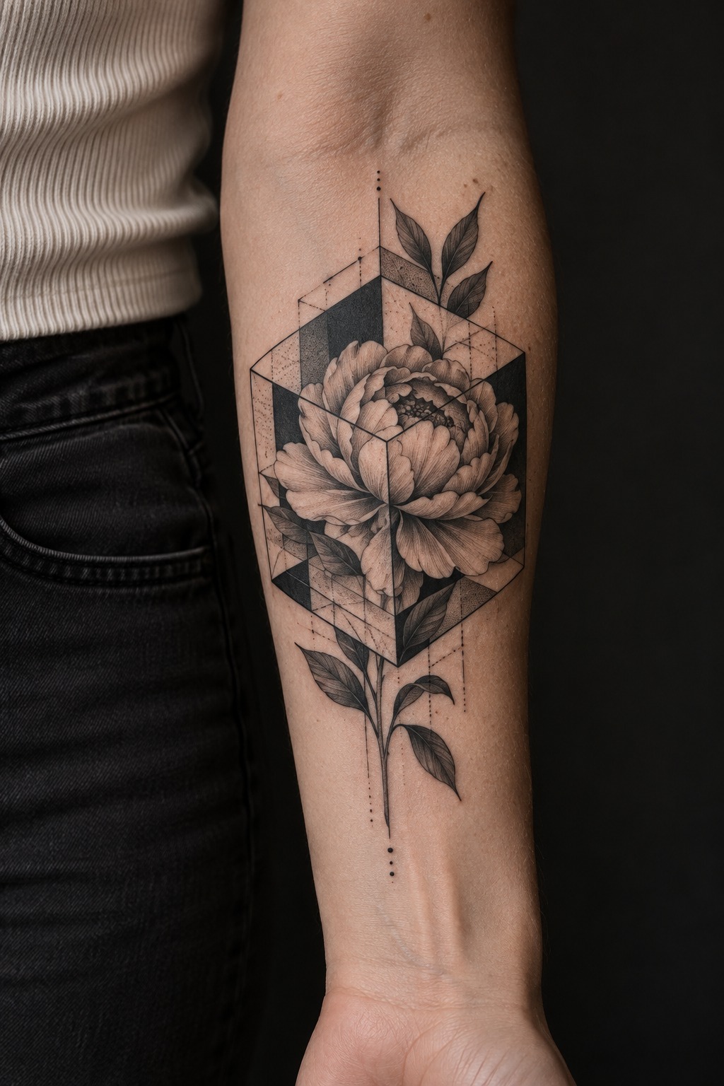 Optical 3D cube geometric floral framing tattoo