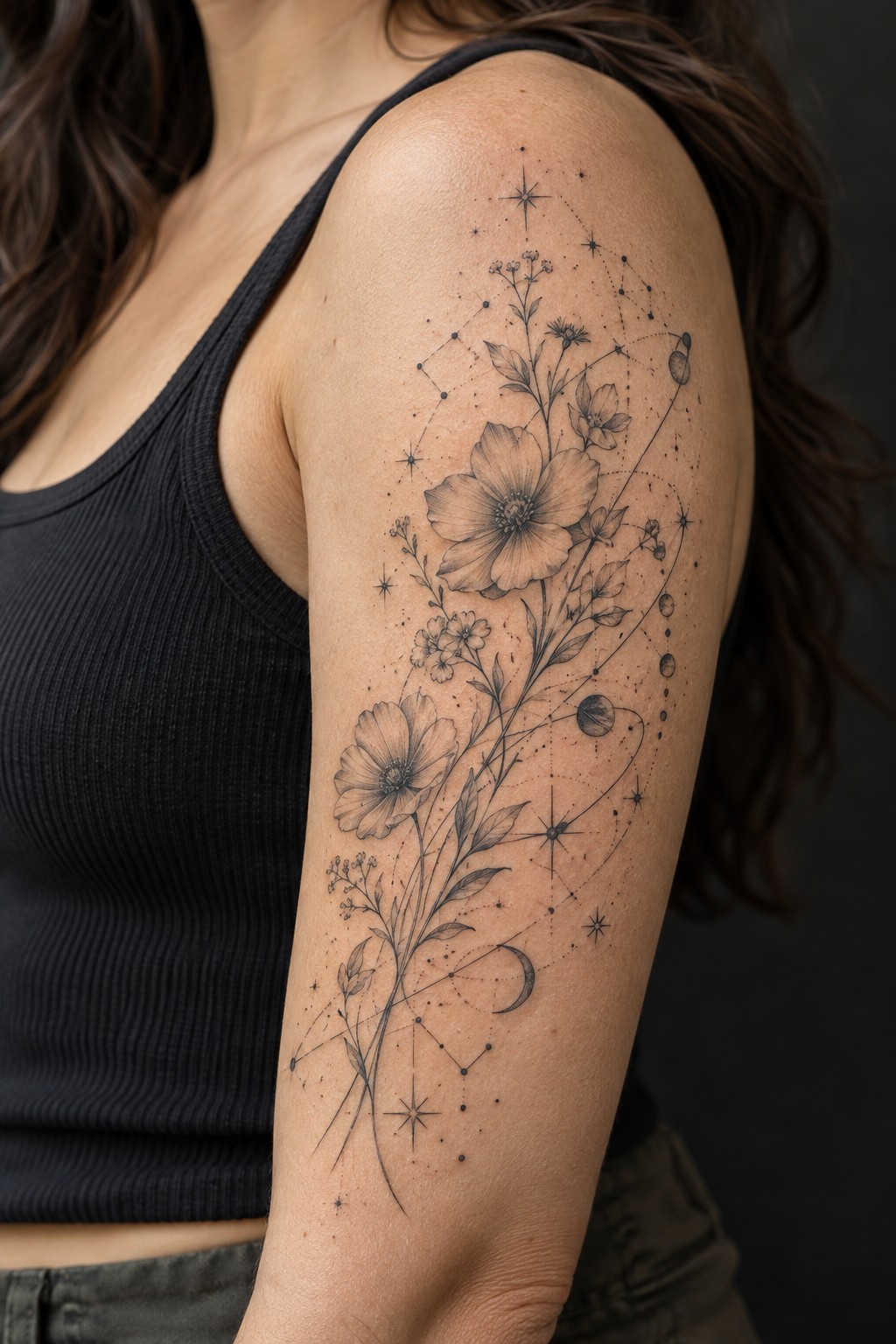 Celestial constellation floral orbit tattoo