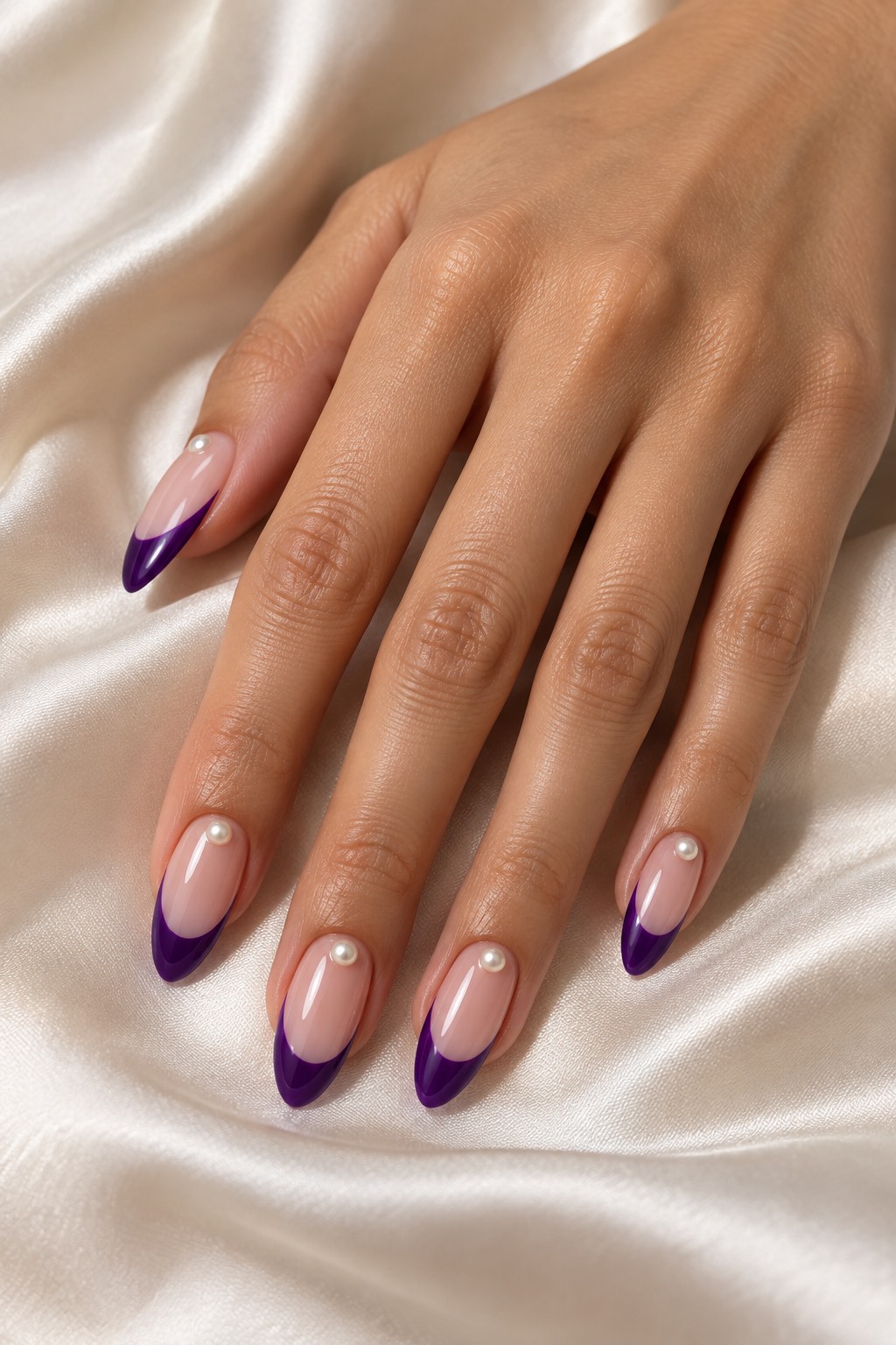 Purple French with Pearl Stud Accents Nails