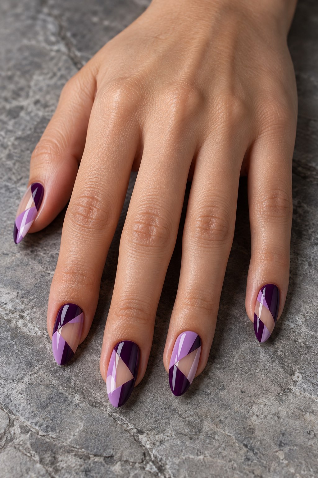 Abstract Geometric Amethyst Cutouts Nails
