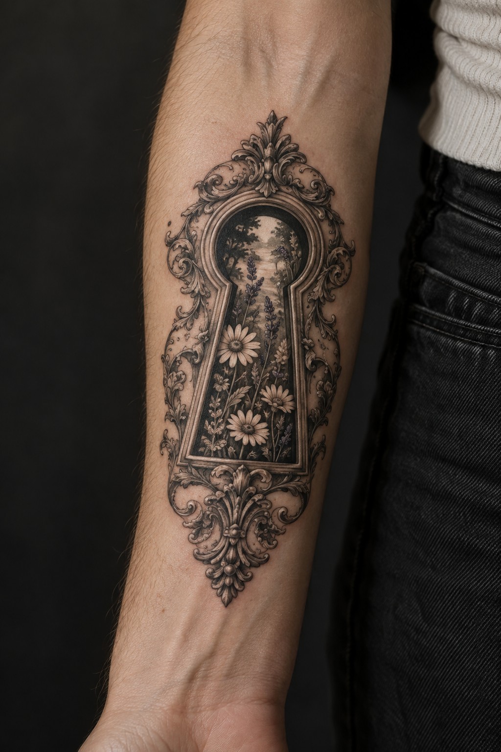 Antique vintage keyhole floral view tattoo