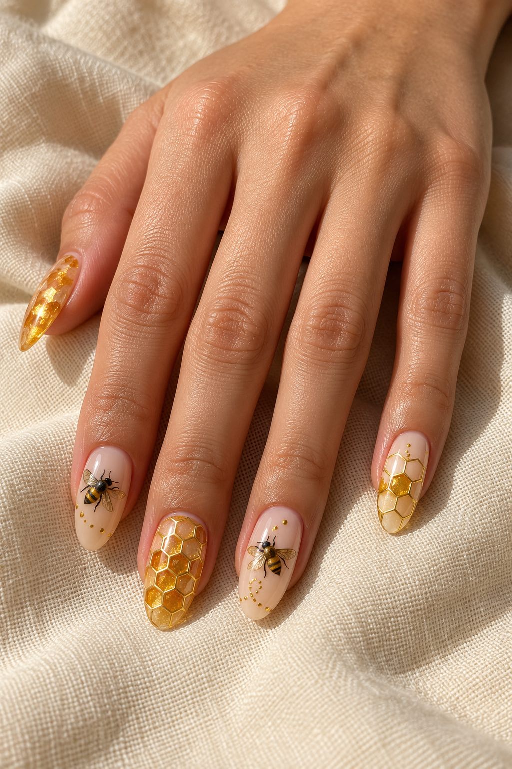 Golden Honeycomb and Micro Bee Accents Nails