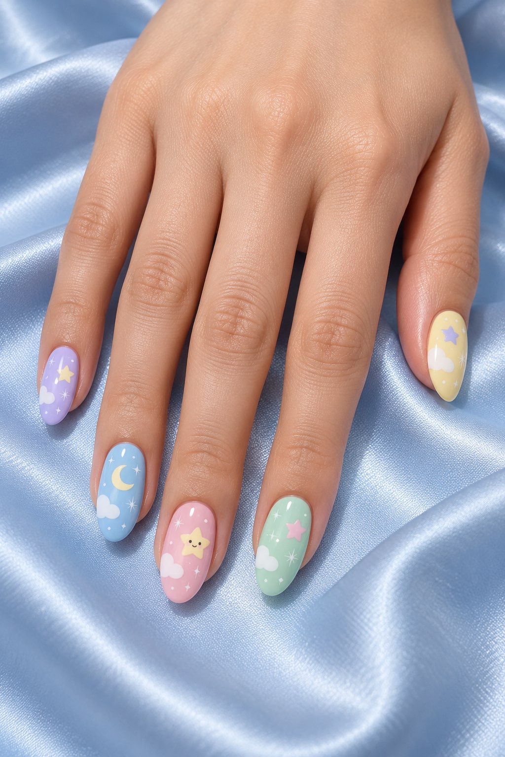 Pastel Kawaii Stars and Dreamy Moonbeams Nails